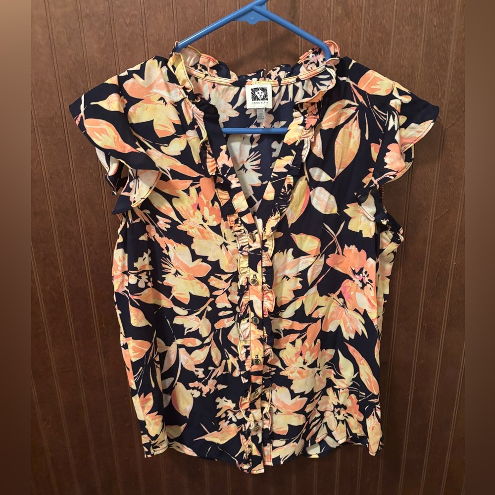 Anne Klein Black and Orange Floral Blouse